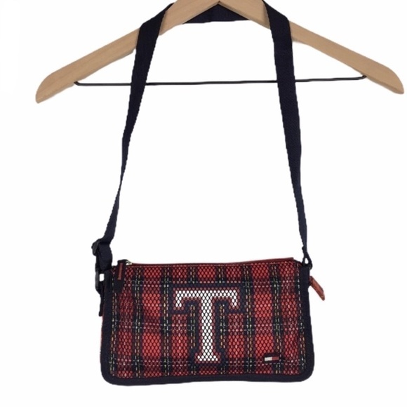 TOMMY HILFIGER Mini Purse Y2K Style Bag Plaid Tartan Mesh Sporty Classic Varsity - Picture 1 of 16